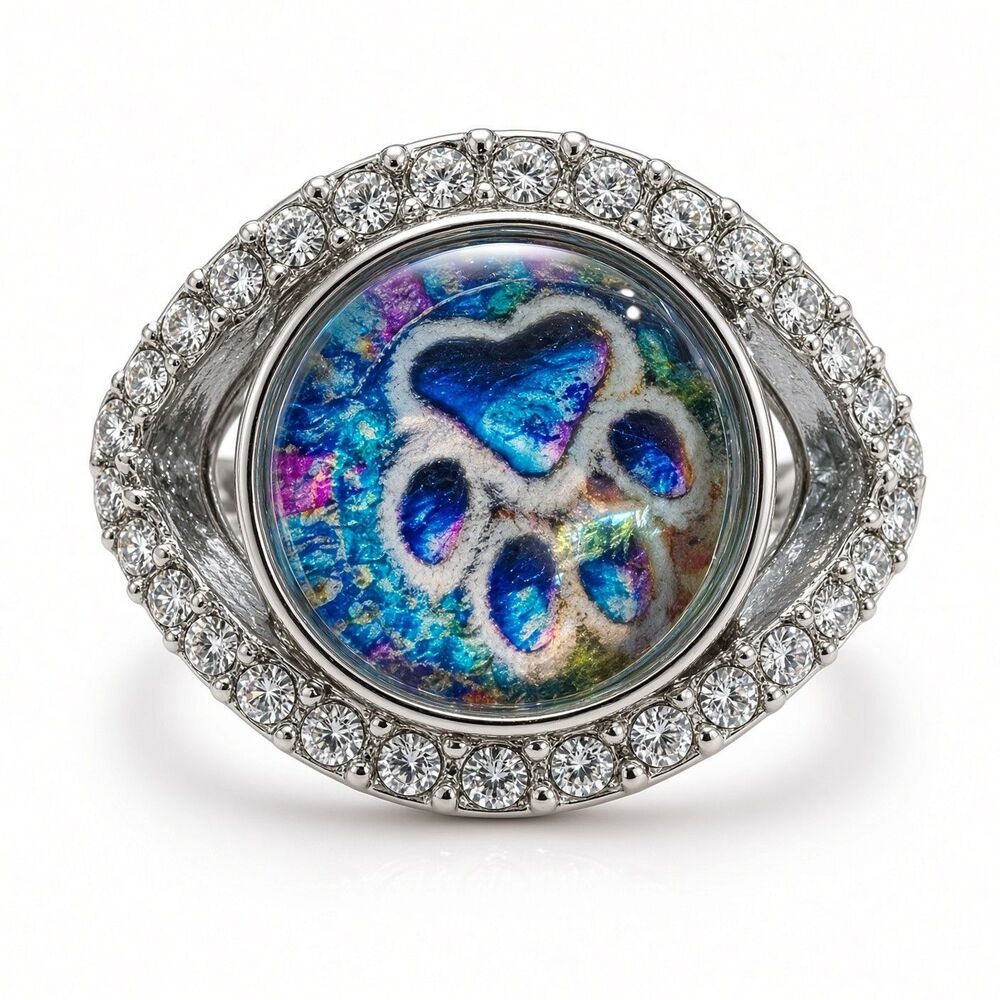 Dichroic Glass Heart Paw Print Ring Size 6 Silver Crystal Halo Pet